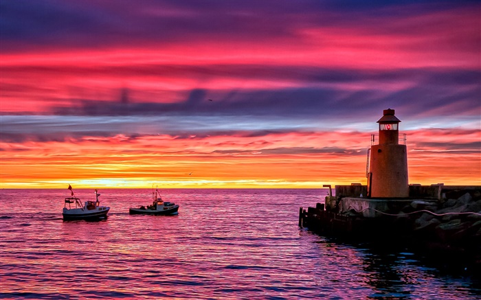 Phare, plage, mer, bateaux, coucher de soleil, ciel rouge Fonds d'écran, image