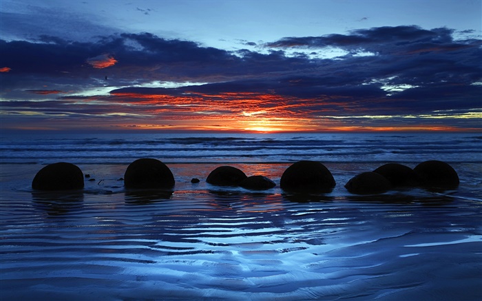 Moeraki Boulders, Koekohe Plage, mer, coucher de soleil, Île du Sud, Nouvelle-Zélande Fonds d'écran, image