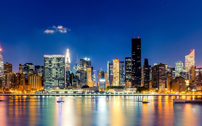 New York City, Manhattan, Etats-Unis, la nuit, les gratte-ciel, des lumières, de la mer Fonds d'écran, image