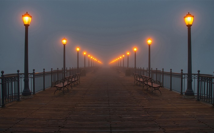 Nuit, pont, quai, des lumières, de la brume Fonds d'écran, image