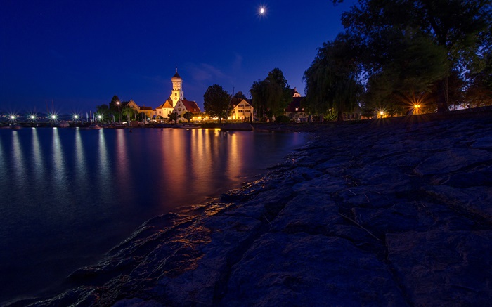 Nuit, les maisons, les lumières, le lac de Constance, Bavière, Allemagne Fonds d'écran, image