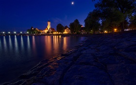 Nuit, les maisons, les lumières, le lac de Constance, Bavière, Allemagne HD Fonds d'écran