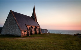 Normandie, France, église, le soir, la mer HD Fonds d'écran