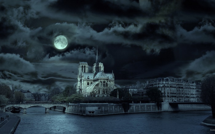Notre-Dame, la France, la nuit, la rivière, la lune Fonds d'écran, image