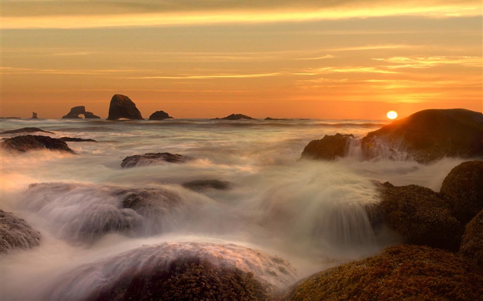 Mer, côte, pierres, ruisseau, nuages, le lever du soleil Fonds d'écran, image