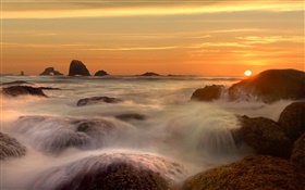 Mer, côte, pierres, ruisseau, nuages, le lever du soleil HD Fonds d'écran