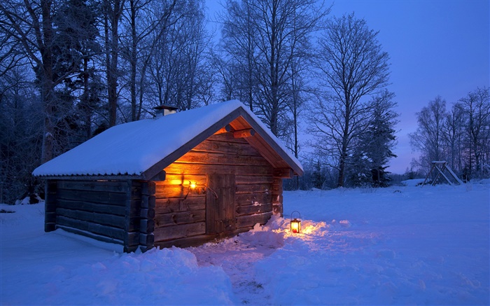 Neige, maison en bois, arbres nus, l'hiver, la nuit, de la Suède Fonds d'écran, image