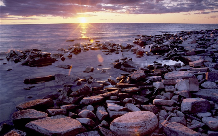 Pierres, la côte, la mer, le lever du soleil, des nuages Fonds d'écran, image