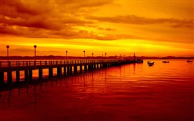 Coucher de soleil, de la jetée, le style rouge, bateaux, rivière HD Fonds d'écran