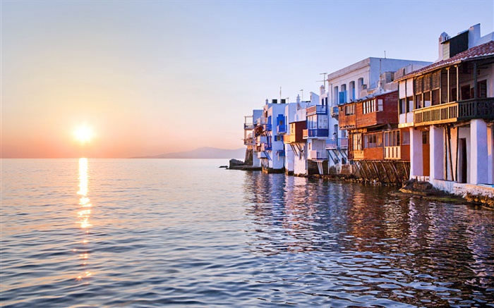Coucher de soleil, mer, maison, Little Venice, Mykonos, Grèce Fonds d'écran, image