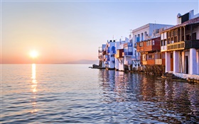 Coucher de soleil, mer, maison, Little Venice, Mykonos, Grèce HD Fonds d'écran