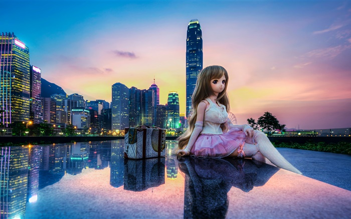 Jouet, poupée, belle jeune fille, ville, bâtiments, Hong Kong Fonds d'écran, image