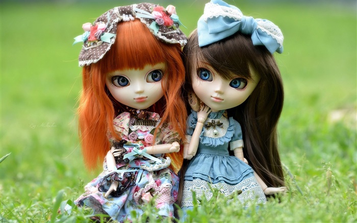 Deux filles de jouets, les cheveux en rouge et noir, poupée Fonds d'écran, image