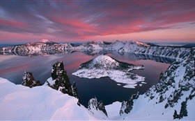 Lac volcanique, la neige, l'île HD Fonds d'écran