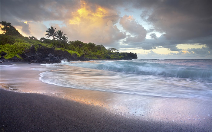 Crashing Waves, plage de sable noir, Hawaii Fonds d'écran, image