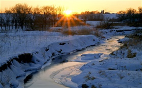 Hiver, rivière, neige, arbres, aube, lever de soleil