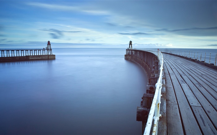 Pont de bois, jetée, phare, mer, l'aube Fonds d'écran, image