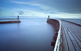 Pont de bois, jetée, phare, mer, l'aube HD Fonds d'écran