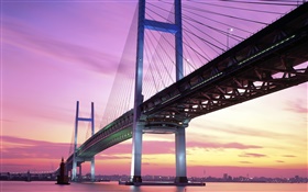 Yokohama Bridge, le Japon, la tombée de la nuit, la mer HD Fonds d'écran