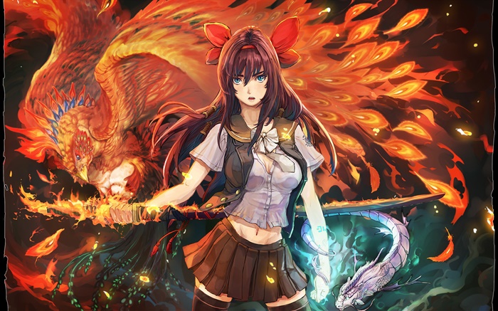 Anime girl, Phoenix Flame Fonds d'écran, image