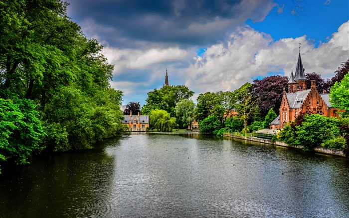 Brugge, Belgique, Minnewater parc, rivière, bâtiments, arbres, nuages Fonds d'écran, image