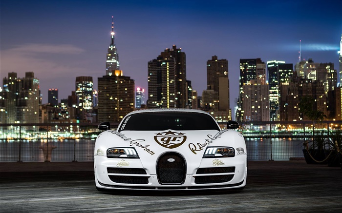 Bugatti Veyron supercar blanc Vue de face, la nuit Fonds d'écran, image