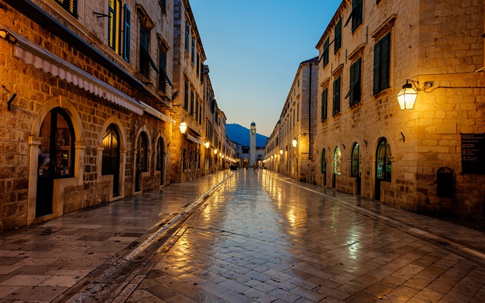 Dubrovnik, Croatie, coucher de soleil, sentier, maison, lumières Fonds d'écran, image
