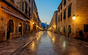 Dubrovnik, Croatie, coucher de soleil, sentier, maison, lumières