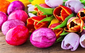 Oeufs de pâques, fleurs de tulipes HD Fonds d'écran