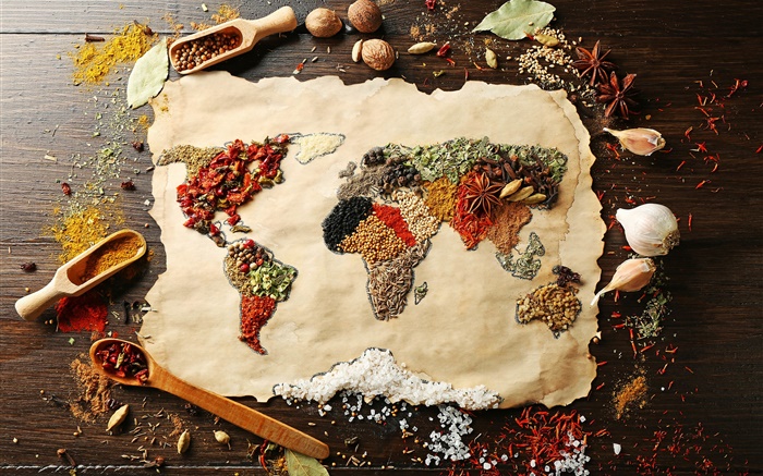 Alimentaires, épices, surface, carte du monde, images créatives Fonds d'écran, image