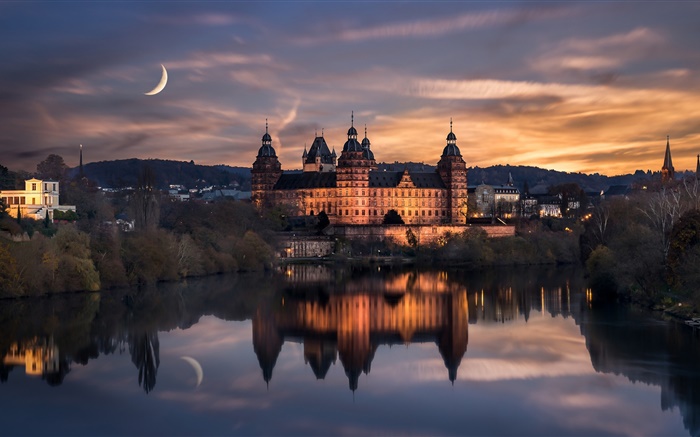 Allemagne, Aschaffenburg, nuit, lune, nuages, réflexion de l'eau Fonds d'écran, image