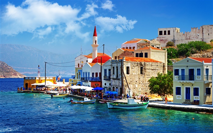 Grèce, ville, quai, bateau, maison Fonds d'écran, image