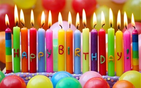 Joyeux anniversaire, bougies colorées, le feu, ballons HD Fonds d'écran