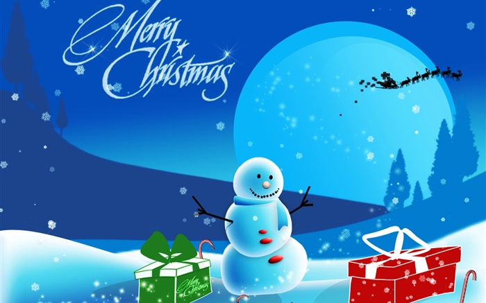 Joyeux Noël, images d'art, bonhomme de neige, de la neige, des cadeaux, de la lune Fonds d'écran, image