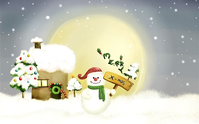 Joyeux Noël, bonhomme de neige, arbres, lune, maison, neige Fonds d'écran, image
