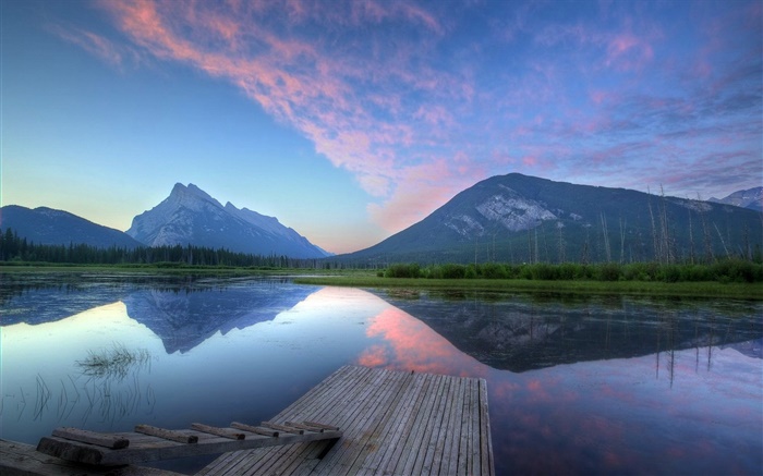 Montagnes, aube, lac, jetée, réflexion de l'eau Fonds d'écran, image