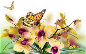 Orchidée, fleurs, feuilles, pétales, papillon