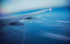 Avion de passagers, ciel, nuages, aile d'avion
