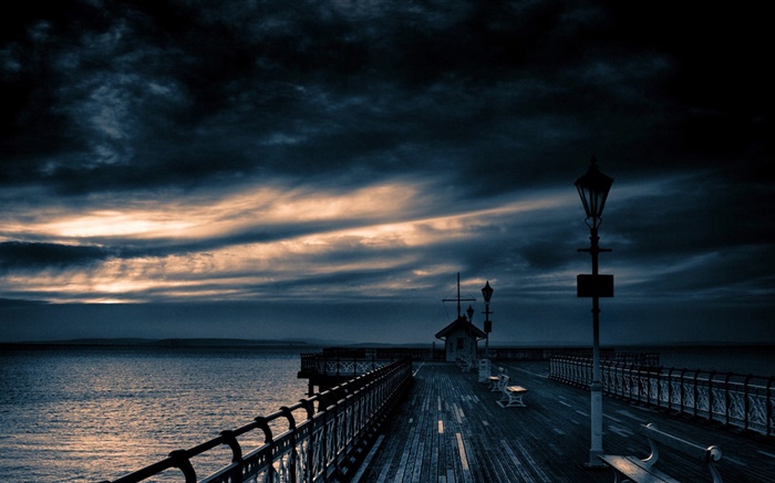 Pier, mer, crépuscule, ciel nuageux Fonds d'écran, image