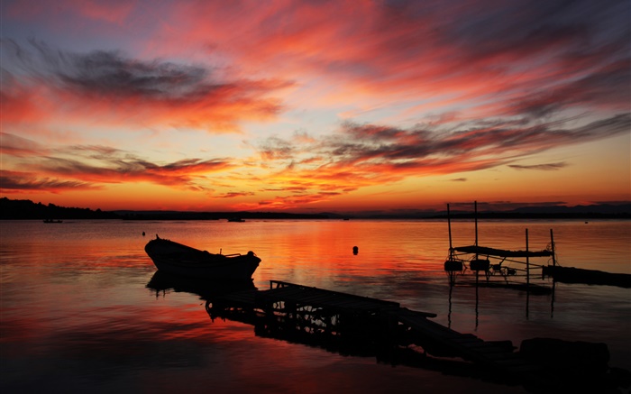 Pier, coucher de soleil, mer, bateau, ciel rouge Fonds d'écran, image