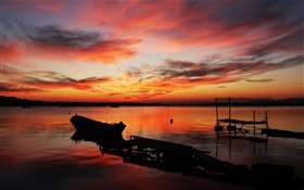 Pier, coucher de soleil, mer, bateau, ciel rouge HD Fonds d'écran