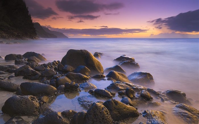 Rocks, plage, mer, coucher de soleil, Hawaii, USA Fonds d'écran, image