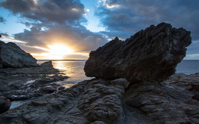 Rocks, mer, coucher de soleil, Coromandel, Nouvelle-Zélande Fonds d'écran, image