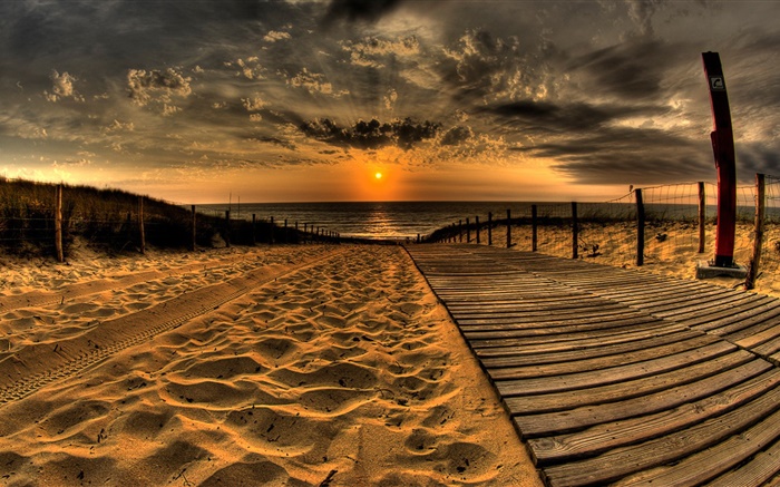 sables, la plage, la jetée, coucher de soleil, nuages Fonds d'écran, image
