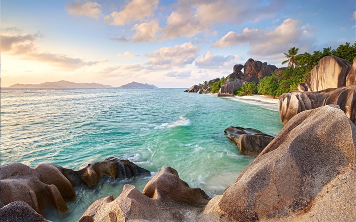 Seychelles Island, pierres, mer, côte, plage, coucher de soleil Fonds d'écran, image