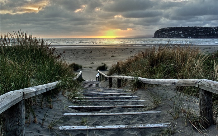 Lever du soleil, des escaliers, sur la côte, Austrivage, Christchurch, Nouvelle-Zélande Fonds d'écran, image