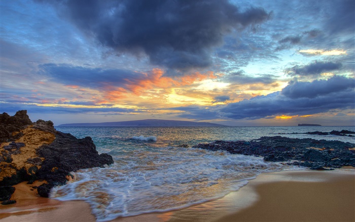 Coucher de soleil, mer, côte, Secret Beach, Maui, Hawaii, États-Unis Fonds d'écran, image