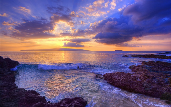 Coucher de soleil, vagues, Secret Beach, Maui, Hawaii, États-Unis Fonds d'écran, image