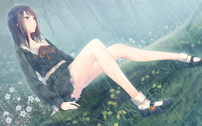 Anime girl, fleurs, pluie Fonds d'écran, image