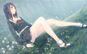 Anime girl, fleurs, pluie